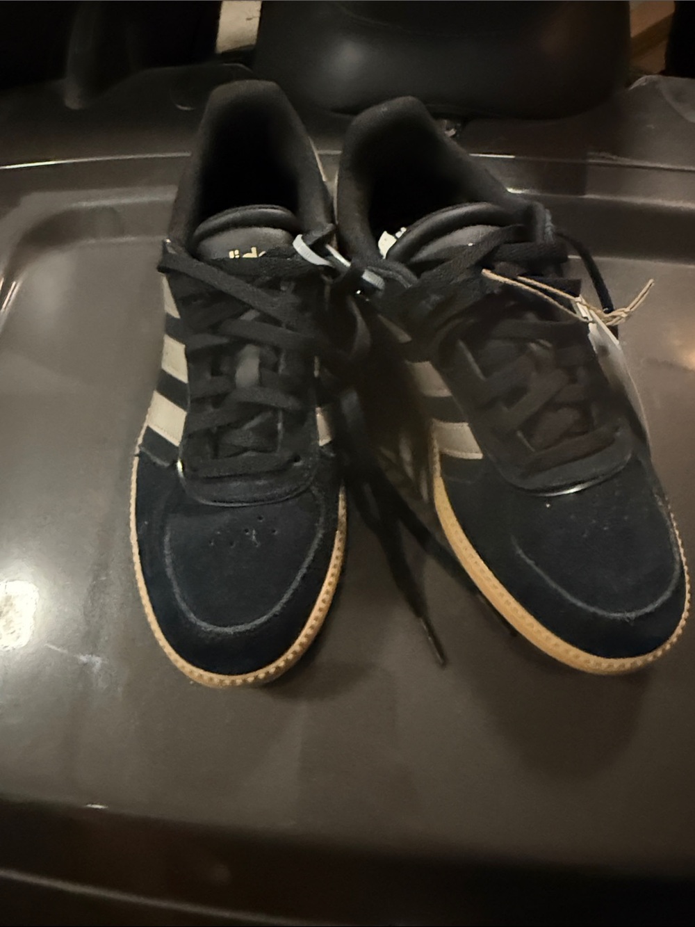 adidas Black Suede Sneakers with White Stripes and Gum Sole